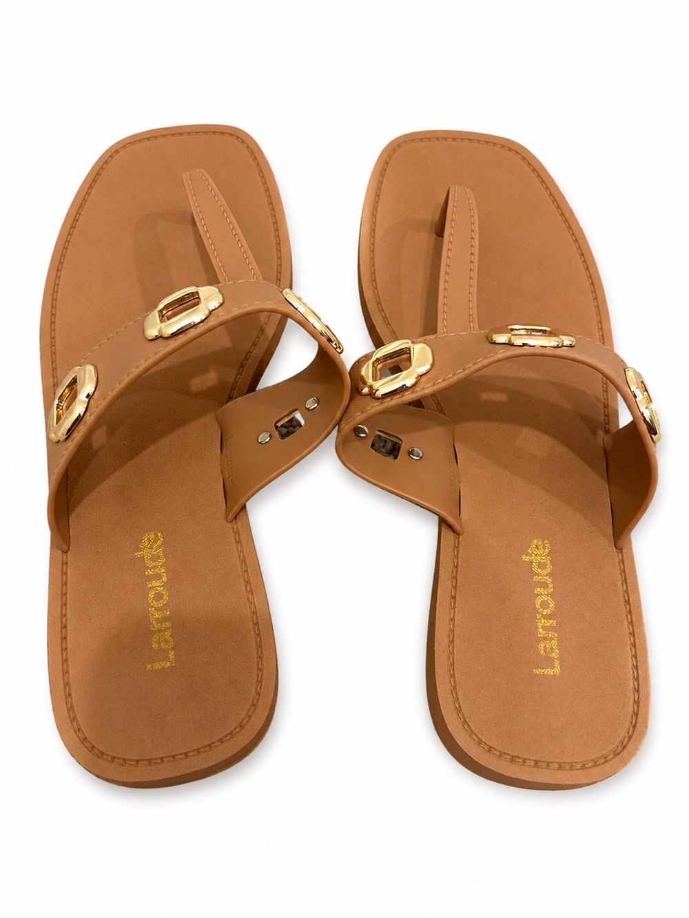 Larroude Tan Slide Sandals with Gold Buckle Detail - Picture 4 of 7